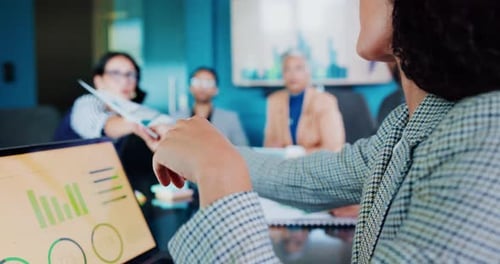 Hands, laptop screen and business people with documents, charts for profit growth