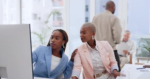 Business women, talking or computer help in digital marketing company, logo branding startup