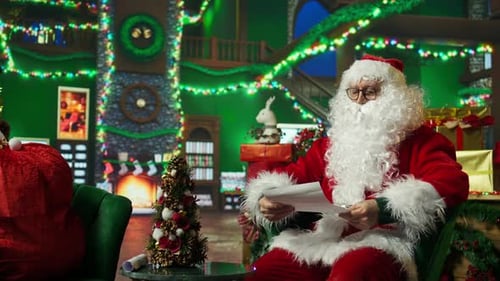 Retrato de homem sorridente vestido de Papai Noel acenando com a mão cumprimentando crianças