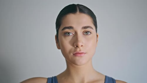 Yogi Lady Stretching Neck Meditating at Home Portrait Mindful Girl Warming Head