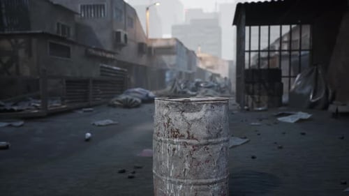 Abandoned Urban Street with Debris and a Barrel in a City at Dawn