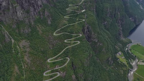 Aerial View of a Winding Serpentine Mountain Road in Norway
