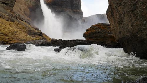 Water Flows and Cascades at Bottom of Haifoss Waterfall. Spectacular Scenery