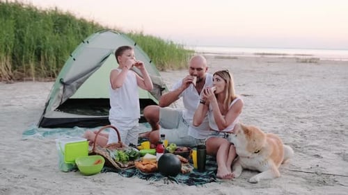Happy Family with Dog Sitting on the Beach During Picnic and Eating Sandwiches