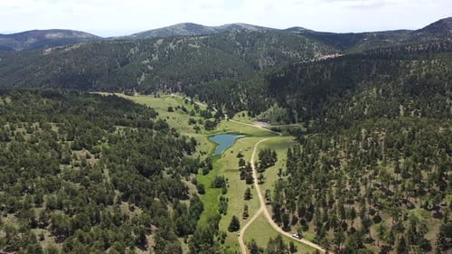 Vue aérienne des arbres, des collines et du lac
