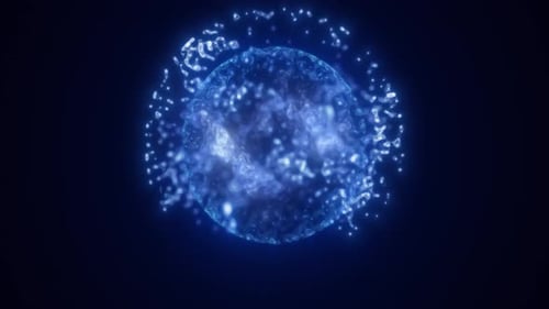 Blue energy magic circle, sphere, ball made of futuristic waves and lines of particles of atomic ene