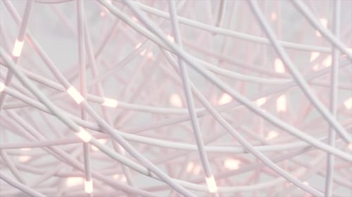 Fios brancos macios entrelaçados com sutis luzes rosa, criando uma rede serena de alta tecnologia