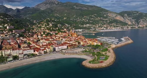 Aerial View of Menton France The Colourful Old Town of Menton in Summer with Historic Buildings and