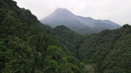 Aerial view of Merapi Mountain in indonesia with tropical forest around it