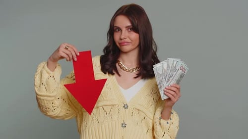 Upset Woman Showing Red Arrow Pointing Down Concept of Downgrade Bankruptcy Money Dollar Fail Fall