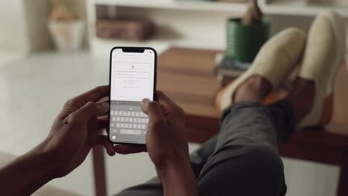Black man hands, phone and travel booking app for transport flight, hotel hospitality