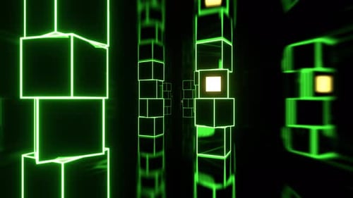 Couloir stroboscopique futuriste vert et jaune avec fond de colonnes cubiques abstraites Vj Loop en 4K