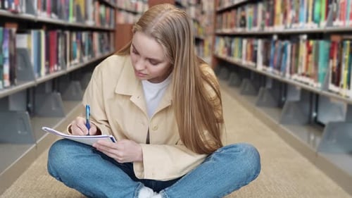 Studentin nutzt Laptop Hybrid zum Lernen im Sitzen in der Universitätsbibliothek