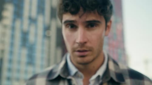 Close Up Portrait Outdoors Caucasian Adult 30s Man Millennial Guy Serious Face Looking Upset Sad