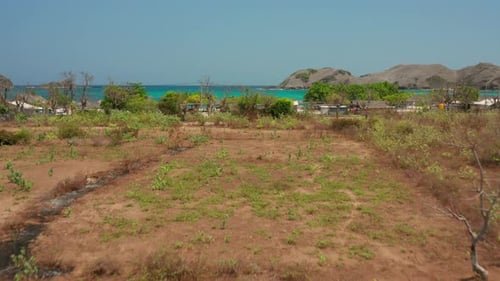 The white sand beach of Tanjung Aan in Lombok, Indonesia during a sunny day. Aerial shot.