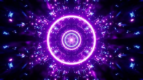 Abstrakter lila blauer neonglühender Lichttunnel, Kreis, Weltraumenergie, kosmisch, lebendig, hell, futuristisch