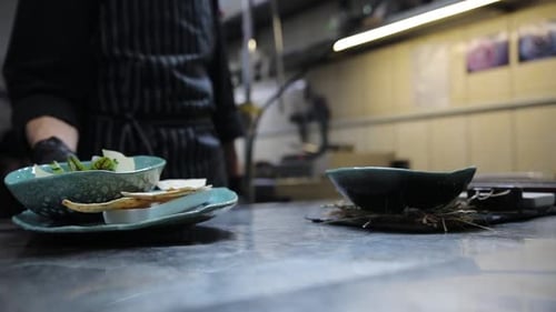 Chef Arranging Food on Plate in Kitchen