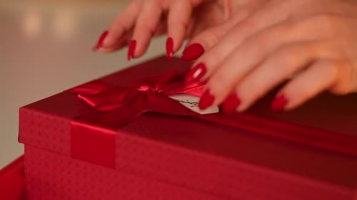 Close Up Woman Packaging New Year Present