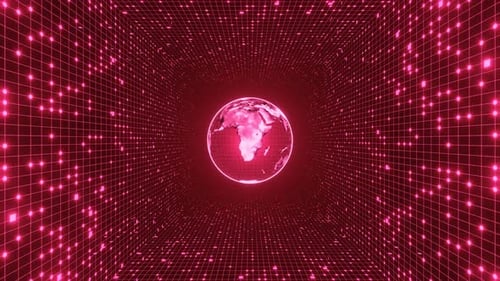 Futuristic Digital Tunnel with Rotating Red Earth Globe