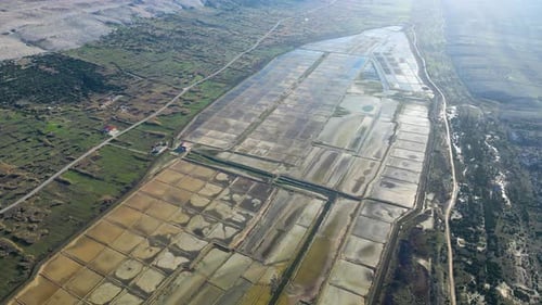 Aerial drone view of Salt Fields in Solana Pag, the largest sea-salt producer in Croatia