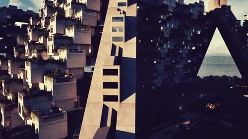Arquitectura moderna con jardines en terrazas junto a la costa bajo la luz del sol