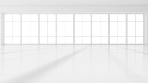 Modern office interior with large windows and white interior design