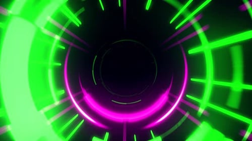 Futuristic pink and green science fiction warp tunnel with particle grid, motion graphics, hi-tech b
