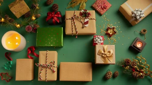 Hands Arranging Christmas Gifts on a Green Surface