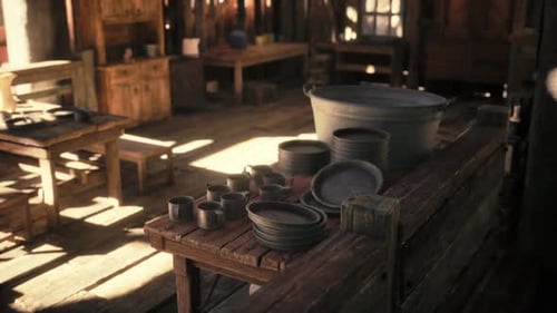 Rustic Wooden Cabin Interior with Vintage Kitchenware Pan