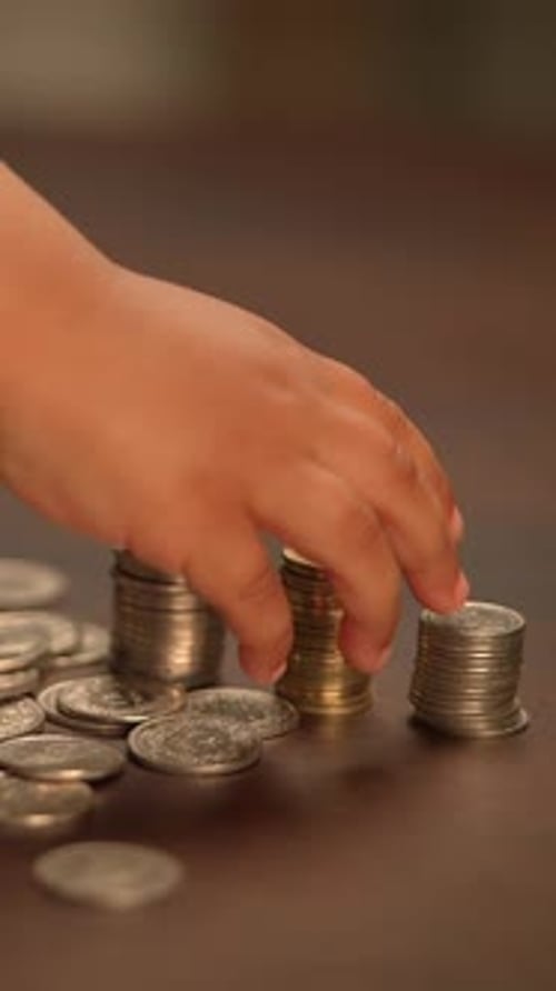A Neatly Arranged Stack of Coins Resting on a Rustic Wooden Surface Offers Visual Appeal