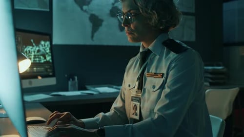 Female Military Officer Working on Computer Alone in Office