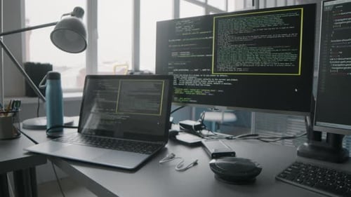 Workspace Setup Featuring Computer Code on Monitors