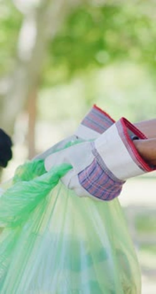 Volunteer, hands and plastic bag in park with garbage collection, recycling project
