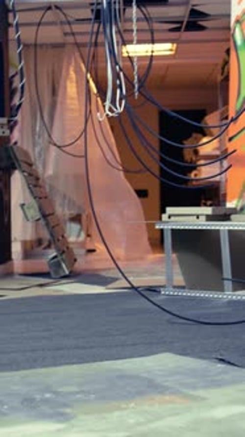 Urban Indoor Space with Hanging Cables and Furniture