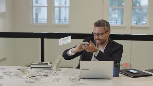 Earn Money Crazy Business Man Counting Dollars in Office Funny Businessman in Suit Dollars
