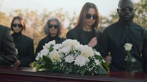 White Roses and Chrysanthemums on Coffin at Farewell Funerals
