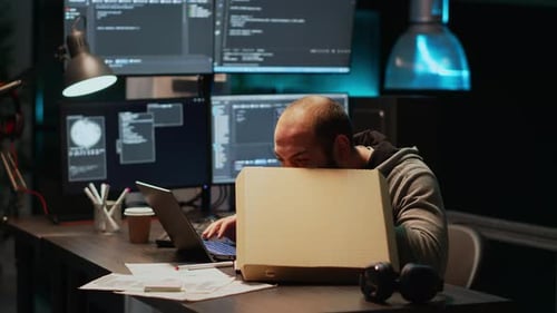Coder Working Late, Eating Pizza at Desk