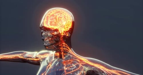 Brain Anatomy Highlighting Neural Pathways and Blood Vessels in a Human Model
