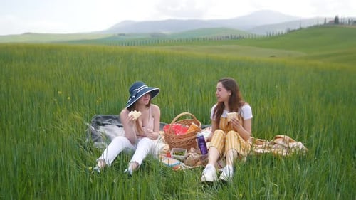 Two young women having a picnic in green field
