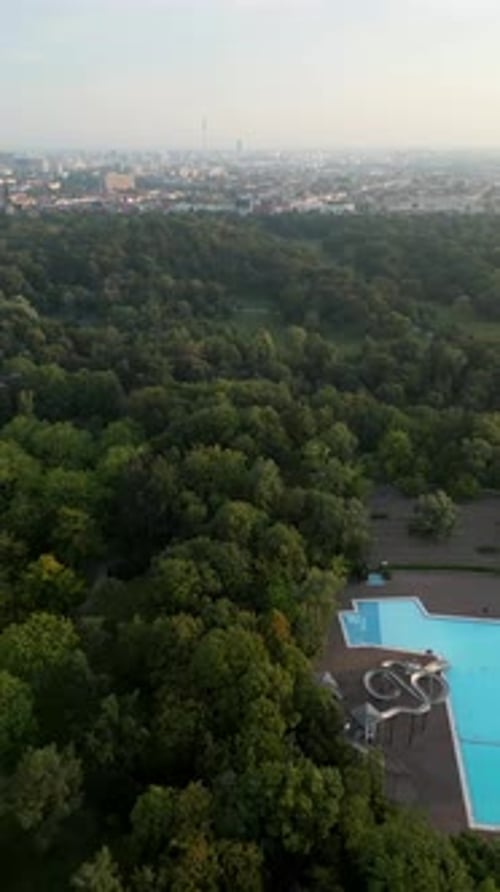 Aerial view of public pool and greenery, Germany.