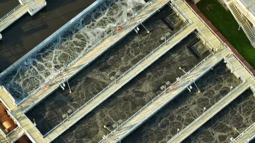 Aerial View of Modern Water Cleaning Facility at Urban Wastewater Treatment Plant