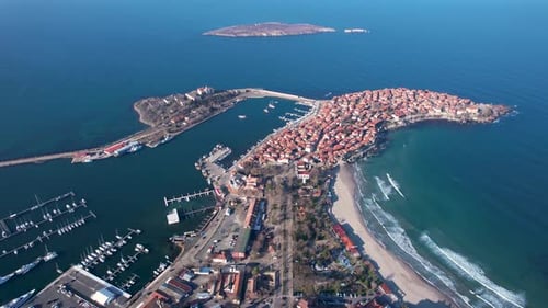 Aerial view of Sozopol town and beach along coastline, Bulgaria.