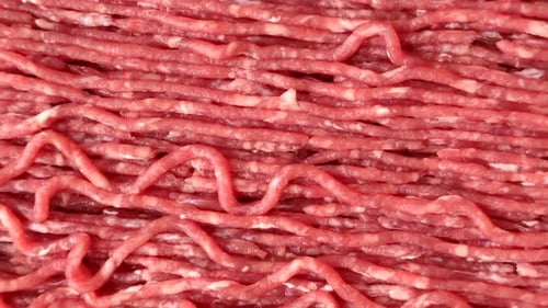 Raw ground beef or pork for burgers or meatballs with salt and spices. Raw ground beef