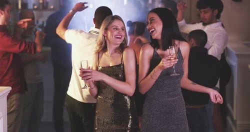 Dancing, night club and women with music for party, new years eve event and birthday