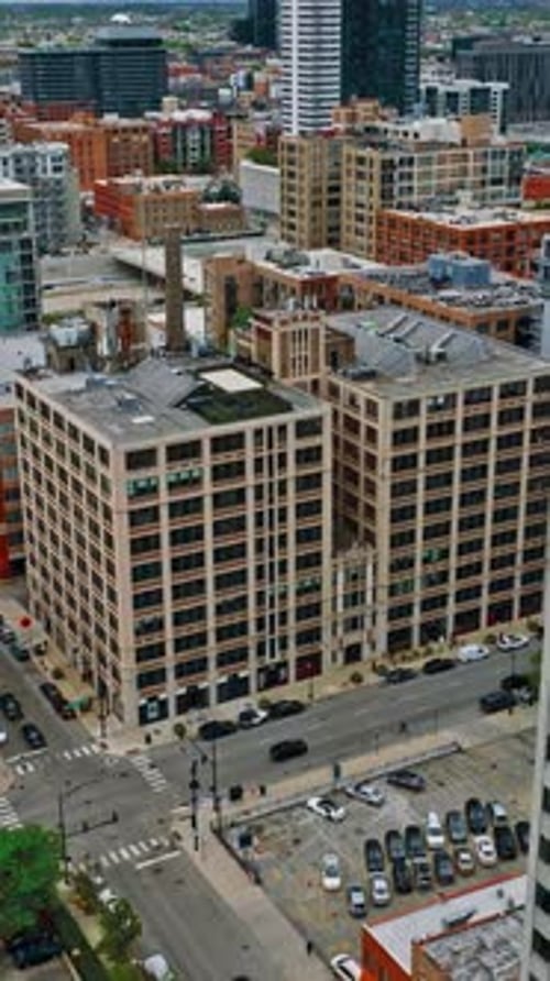 Aerial view of urban buildings in Chicago showcasing city life