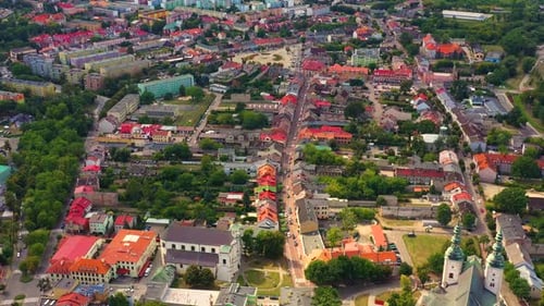 Top aerial panoramic view of Lowicz old town historical city centre with Rynek Market Square, Old To