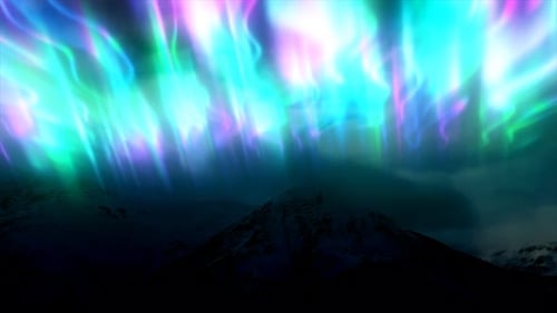 Der abstrakte Hintergrund der mehrfarbigen Nordlichter und Berge. Video 4K, 60 FPS