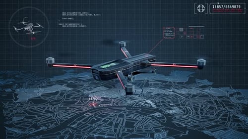 Futuristic Drone Hovering Over Digital City Map