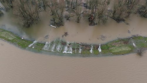 Aerial of flood water in river Waal, Gorinchem, Netherlands