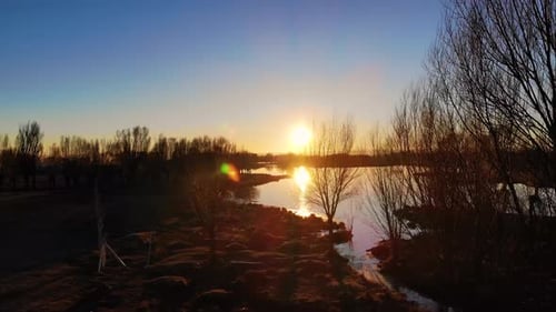 Tranquil Lake at Sunset Aerial View